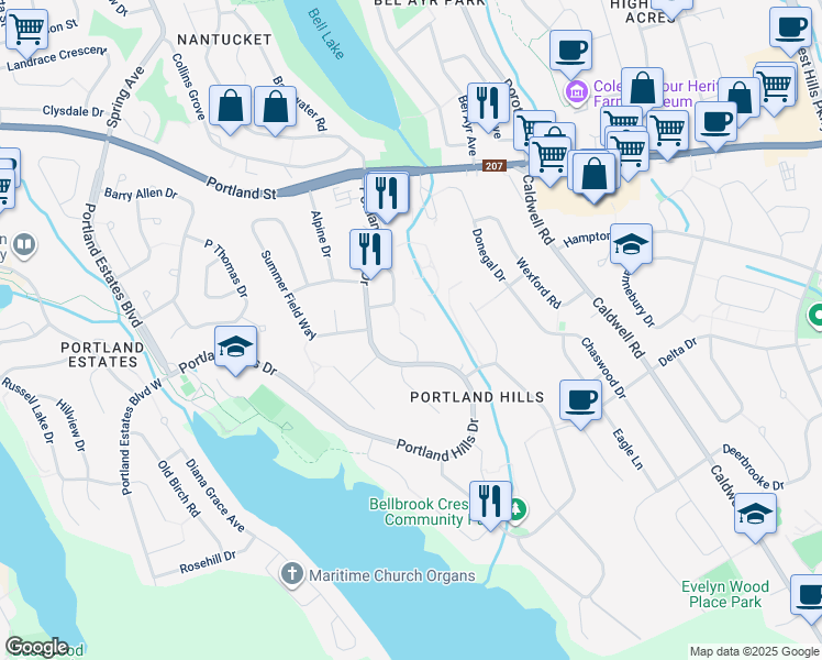 map of restaurants, bars, coffee shops, grocery stores, and more near 31 Woodhaven Close in Dartmouth