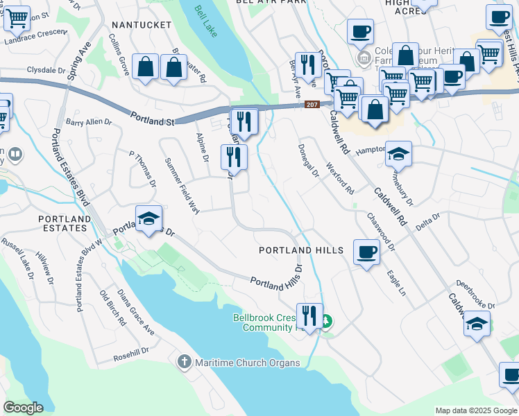 map of restaurants, bars, coffee shops, grocery stores, and more near 31 Woodhaven Close in Dartmouth