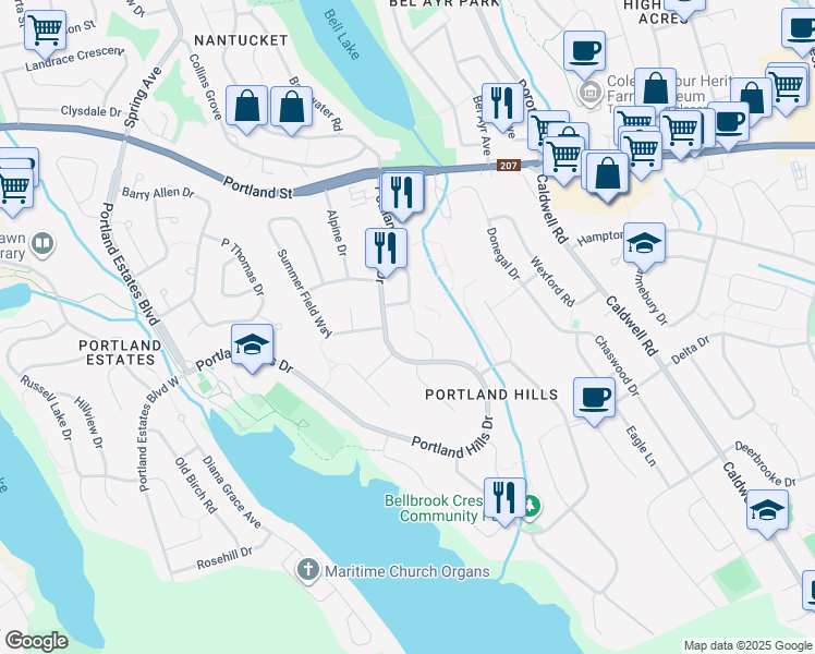 map of restaurants, bars, coffee shops, grocery stores, and more near 49 Woodhaven Close in Dartmouth