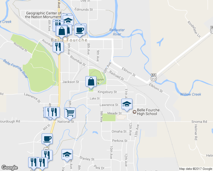 map of restaurants, bars, coffee shops, grocery stores, and more near 1048 10th Ave in Belle Fourche