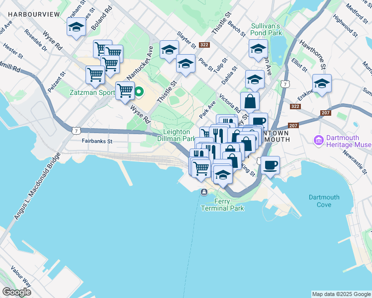 map of restaurants, bars, coffee shops, grocery stores, and more near 1 Alderney Drive in Dartmouth
