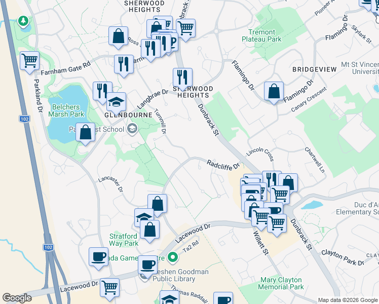 map of restaurants, bars, coffee shops, grocery stores, and more near 3 Turnmill Drive in Halifax