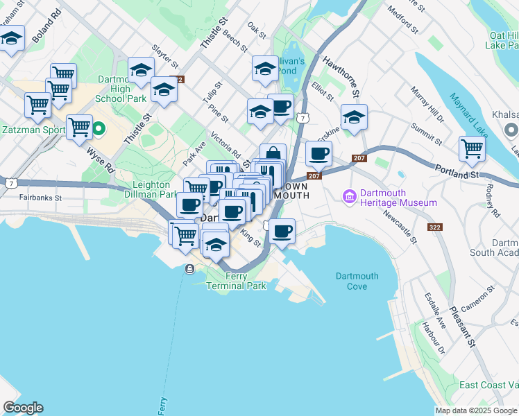 map of restaurants, bars, coffee shops, grocery stores, and more near 110 Portland Street in Dartmouth