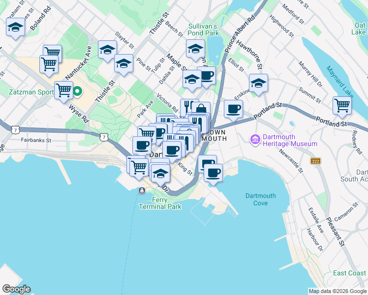 map of restaurants, bars, coffee shops, grocery stores, and more near 24 Dundas Street in Dartmouth
