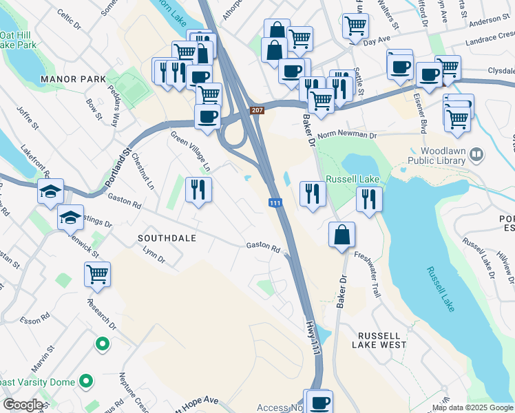 map of restaurants, bars, coffee shops, grocery stores, and more near 168 Green Village Lane in Dartmouth