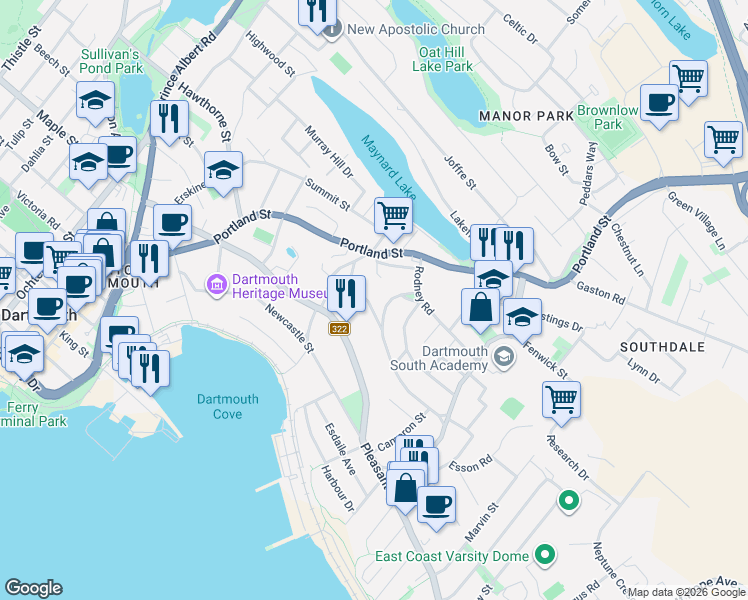 map of restaurants, bars, coffee shops, grocery stores, and more near 20 Blink Bonnie Terrace in Dartmouth