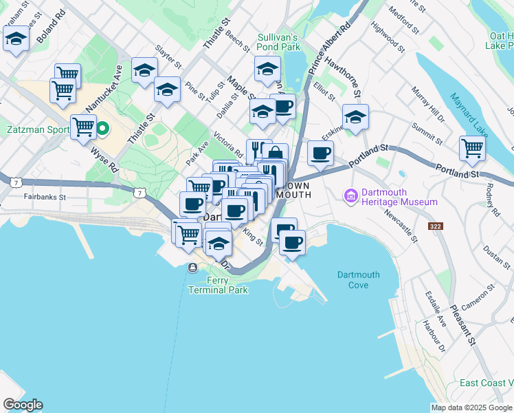 map of restaurants, bars, coffee shops, grocery stores, and more near 115 Portland Street in Dartmouth