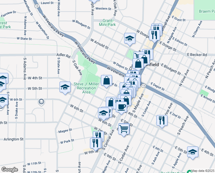 map of restaurants, bars, coffee shops, grocery stores, and more near 305 West 3rd Street in Marshfield