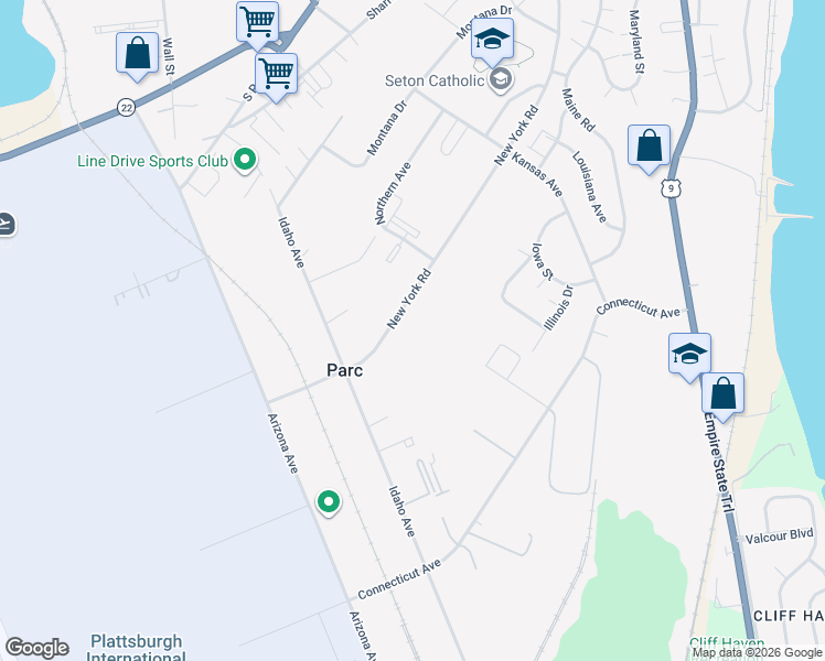 map of restaurants, bars, coffee shops, grocery stores, and more near 295 New York Road in Plattsburgh