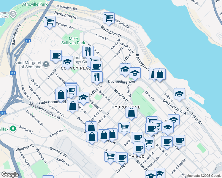 map of restaurants, bars, coffee shops, grocery stores, and more near 5512 Sebastian Place in Halifax