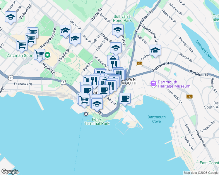 map of restaurants, bars, coffee shops, grocery stores, and more near 54 Queen Street in Dartmouth