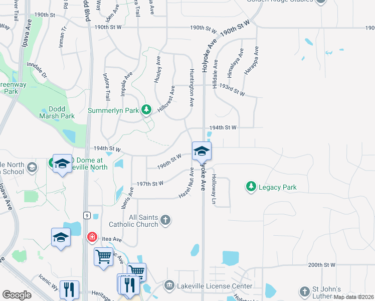map of restaurants, bars, coffee shops, grocery stores, and more near 19555 Hazel Nut Avenue in Lakeville
