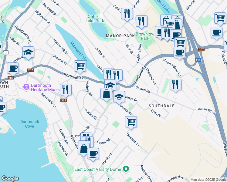 map of restaurants, bars, coffee shops, grocery stores, and more near 33 Hastings Drive in Dartmouth