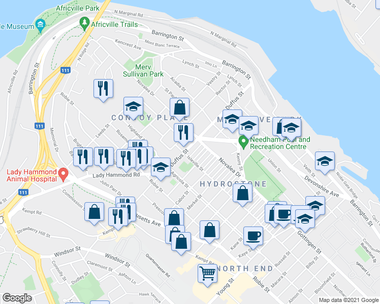 map of restaurants, bars, coffee shops, grocery stores, and more near 5544 Duffus Street in Halifax