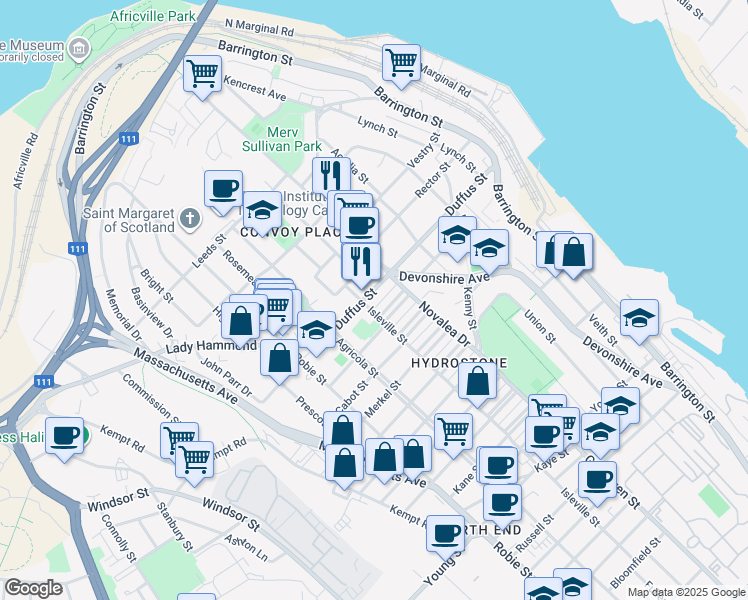 map of restaurants, bars, coffee shops, grocery stores, and more near 5544 Duffus Street in Halifax