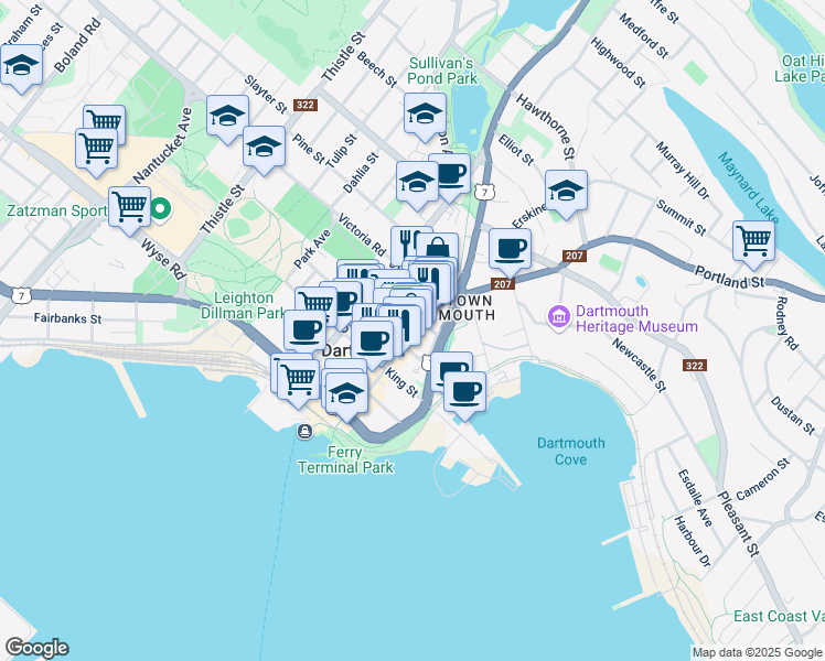 map of restaurants, bars, coffee shops, grocery stores, and more near 24 Dundas Street in Dartmouth