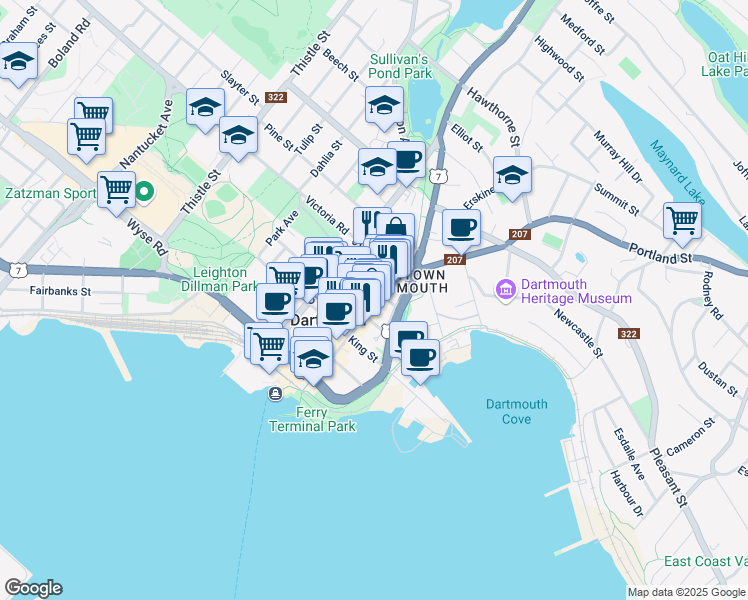 map of restaurants, bars, coffee shops, grocery stores, and more near 123 Portland Street in Dartmouth