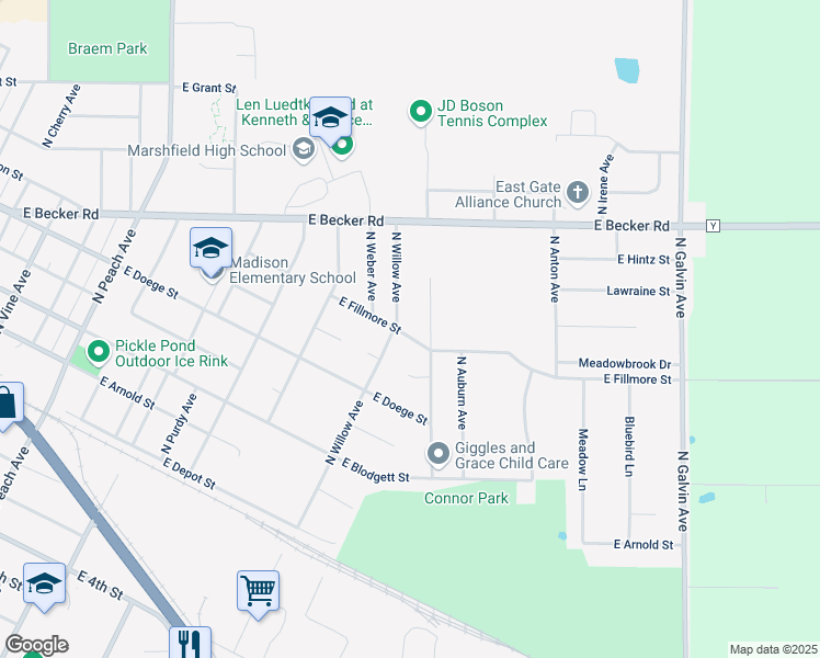 map of restaurants, bars, coffee shops, grocery stores, and more near 600 North Willow Avenue in Marshfield