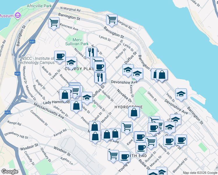 map of restaurants, bars, coffee shops, grocery stores, and more near 5523 Sebastian Place in Halifax