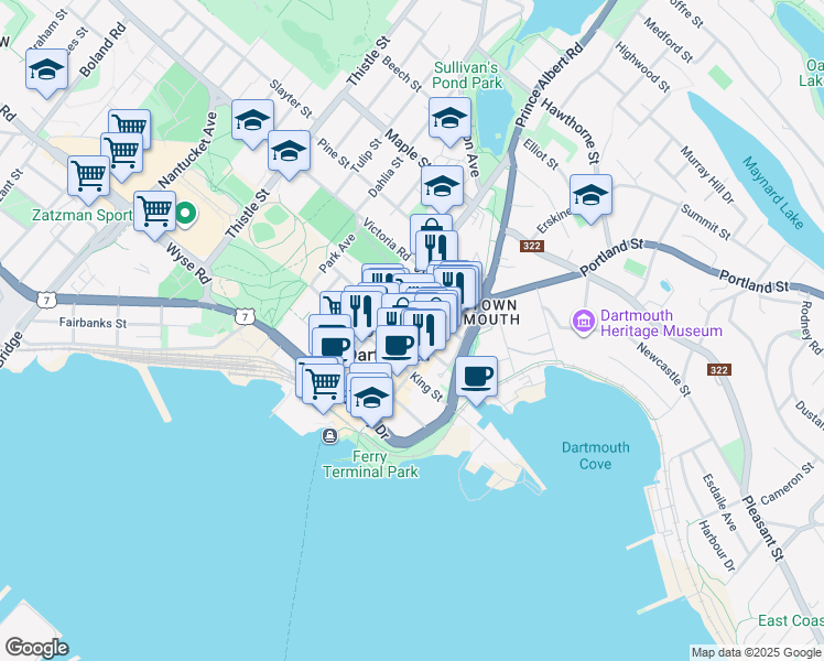 map of restaurants, bars, coffee shops, grocery stores, and more near 54 Queen Street in Dartmouth