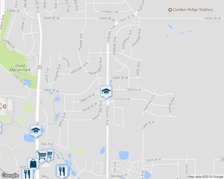 map of restaurants, bars, coffee shops, grocery stores, and more near 195th Street West in Lakeville