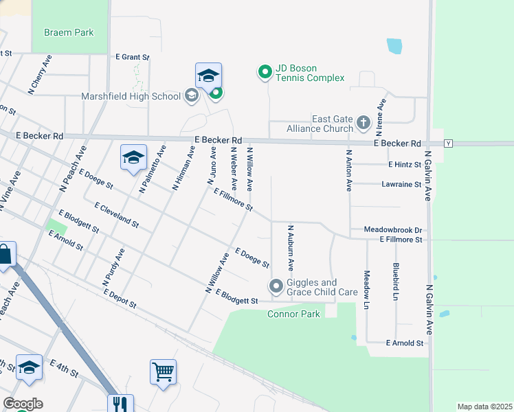 map of restaurants, bars, coffee shops, grocery stores, and more near 600 North Willow Avenue in Marshfield
