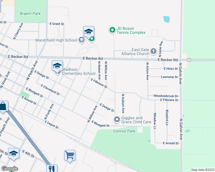 map of restaurants, bars, coffee shops, grocery stores, and more near 600 North Willow Avenue in Marshfield
