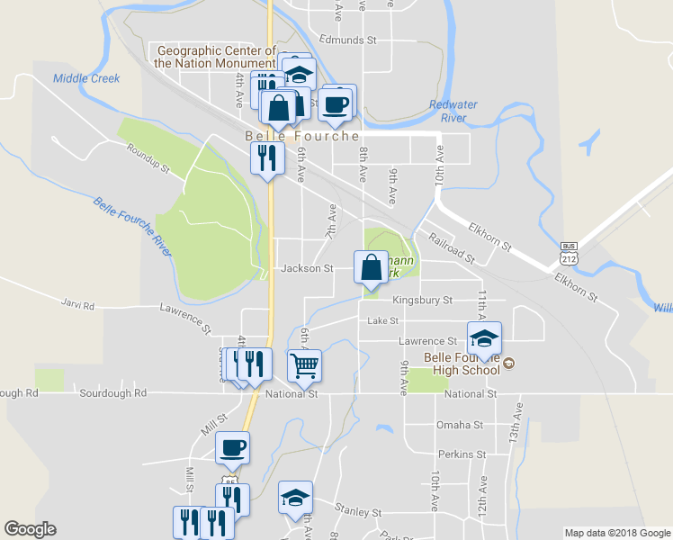 map of restaurants, bars, coffee shops, grocery stores, and more near 706 Jackson St in Belle Fourche