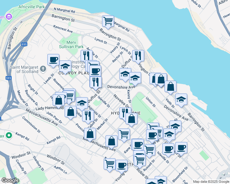 map of restaurants, bars, coffee shops, grocery stores, and more near 3395 Novalea Drive in Halifax