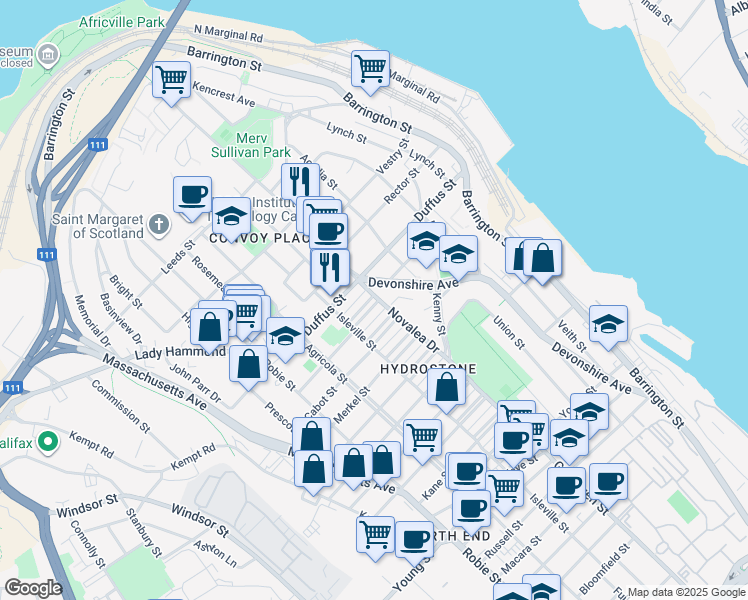 map of restaurants, bars, coffee shops, grocery stores, and more near 5512 Sebastian Place in Halifax