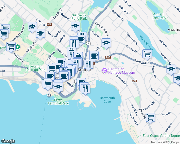 map of restaurants, bars, coffee shops, grocery stores, and more near 42 Canal Street in Dartmouth