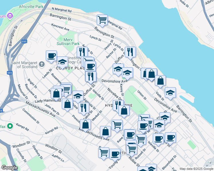 map of restaurants, bars, coffee shops, grocery stores, and more near 3395 Novalea Drive in Halifax