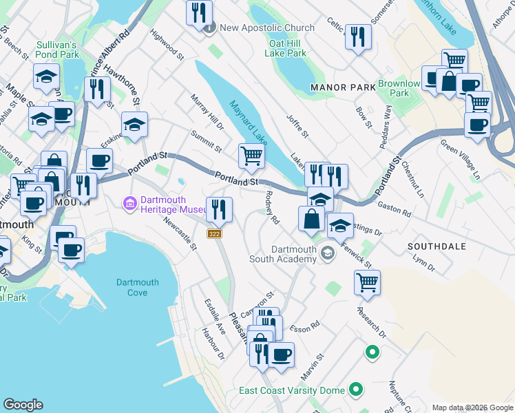 map of restaurants, bars, coffee shops, grocery stores, and more near 241 Johnstone Avenue in Dartmouth