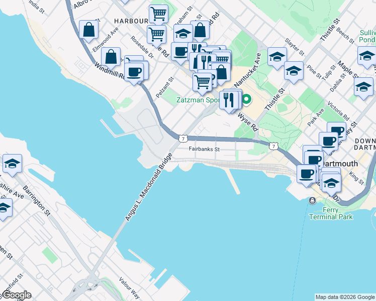 map of restaurants, bars, coffee shops, grocery stores, and more near 81 Fairbanks Street in Dartmouth