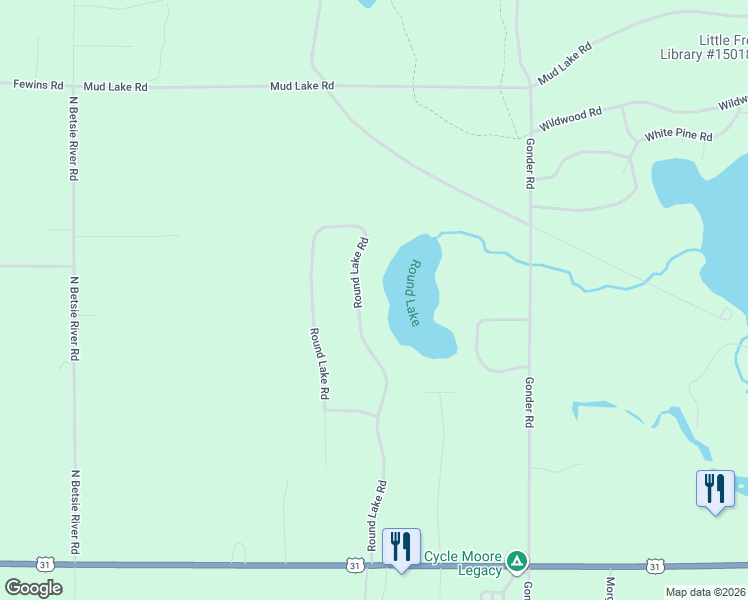 map of restaurants, bars, coffee shops, grocery stores, and more near Camden Road in Interlochen