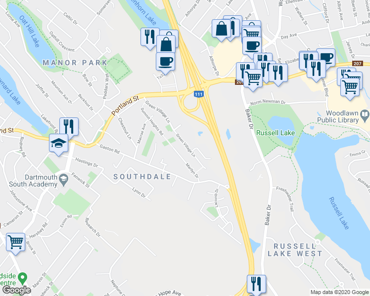 map of restaurants, bars, coffee shops, grocery stores, and more near 149 Green Village Lane in Dartmouth