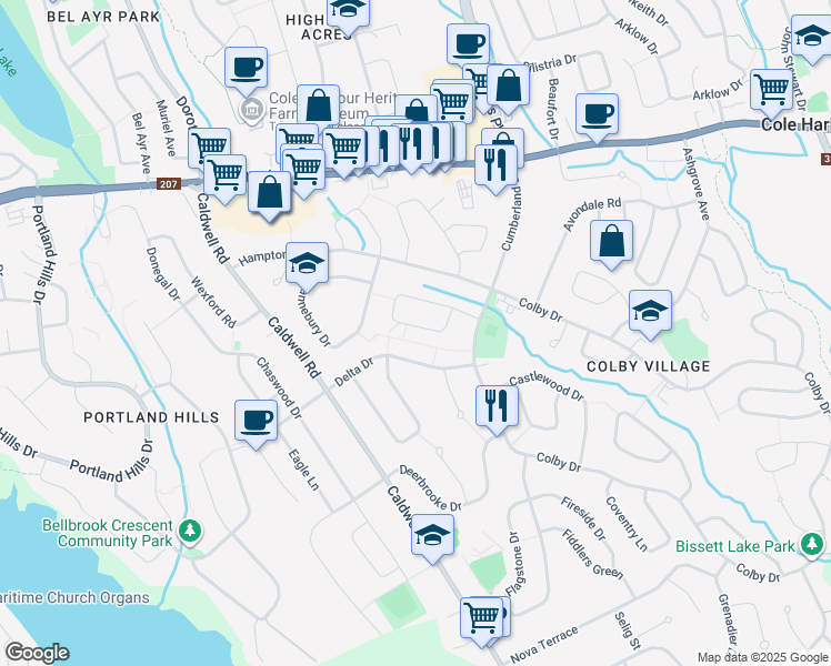 map of restaurants, bars, coffee shops, grocery stores, and more near 95 Hardisty Court in Dartmouth