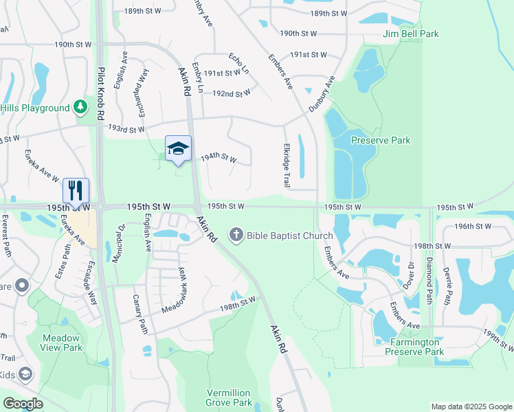 map of restaurants, bars, coffee shops, grocery stores, and more near 195th Street West in Farmington
