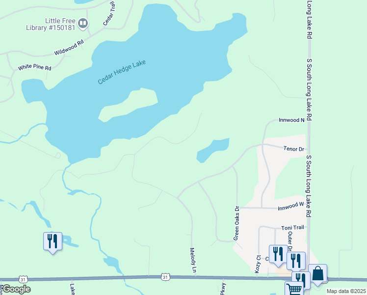 map of restaurants, bars, coffee shops, grocery stores, and more near 10174 Harmony Drive in Interlochen
