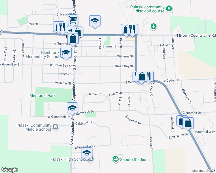 map of restaurants, bars, coffee shops, grocery stores, and more near 230 E Cedar St in Pulaski