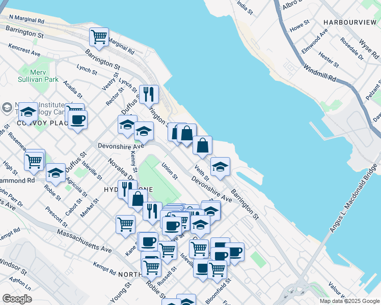 map of restaurants, bars, coffee shops, grocery stores, and more near 3258 Veith Street in Halifax