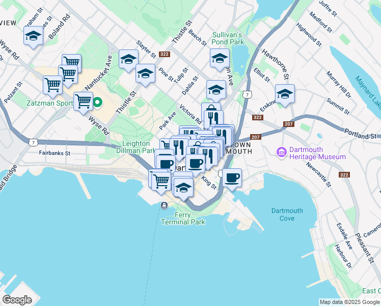 map of restaurants, bars, coffee shops, grocery stores, and more near 70 Ochterloney Street in Dartmouth