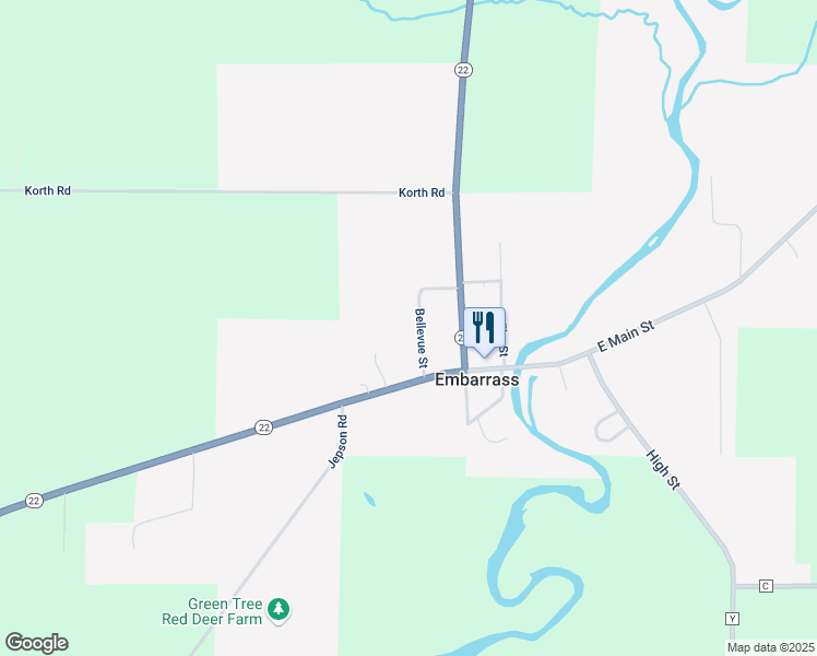 map of restaurants, bars, coffee shops, grocery stores, and more near 209 Bellevue Street in Embarrass