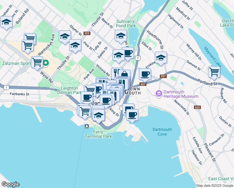 map of restaurants, bars, coffee shops, grocery stores, and more near 24 Dundas Street in Dartmouth