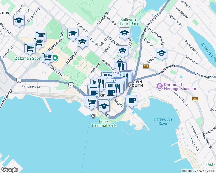 map of restaurants, bars, coffee shops, grocery stores, and more near 70 Ochterloney Street in Dartmouth