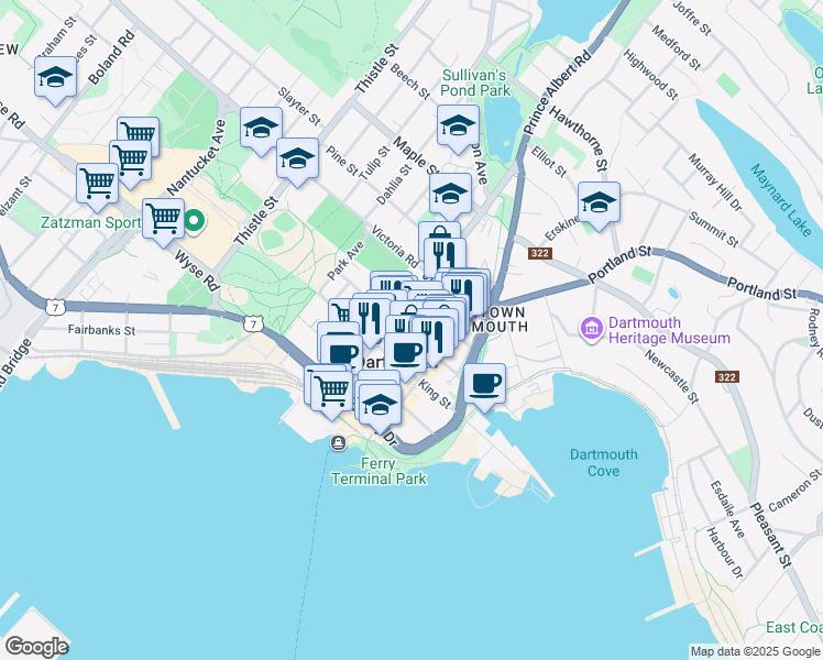 map of restaurants, bars, coffee shops, grocery stores, and more near 54 Queen Street in Dartmouth