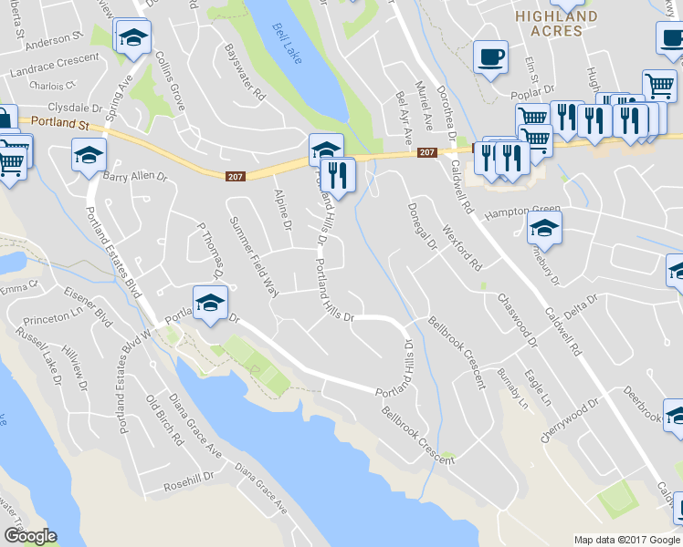 map of restaurants, bars, coffee shops, grocery stores, and more near 64 Whitehall Crescent in Dartmouth