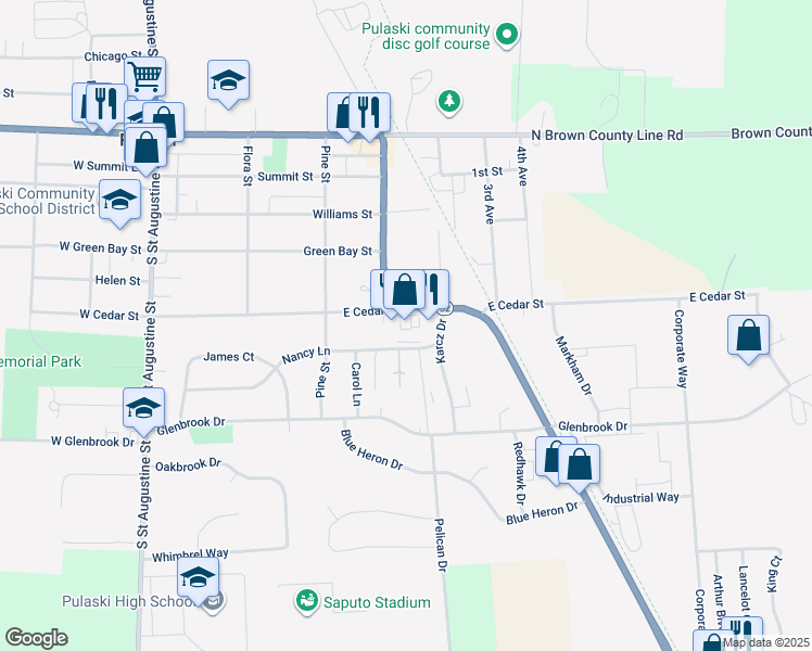 map of restaurants, bars, coffee shops, grocery stores, and more near 410 East Cedar Street in Pulaski