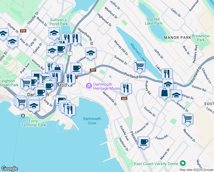 map of restaurants, bars, coffee shops, grocery stores, and more near Pleasant St & Linden Lea in Dartmouth