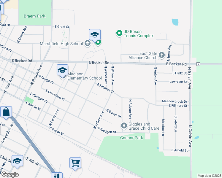 map of restaurants, bars, coffee shops, grocery stores, and more near 600 North Willow Avenue in Marshfield